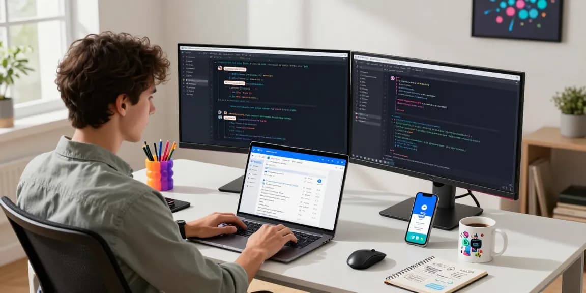 Using the Telegram web version in a modern tech workspace, showcasing multiple devices and a productive atmosphere.