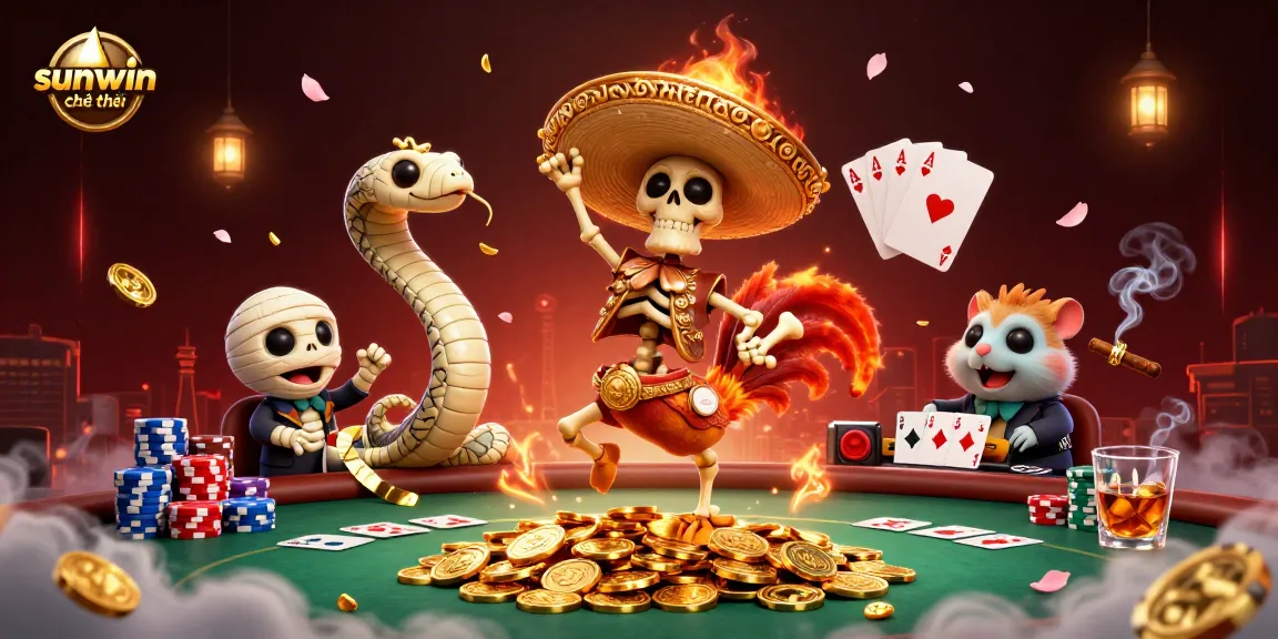 Experience the excitement of sunwin chính thức with a dynamic casino illustration featuring a victory dance on gold coins.