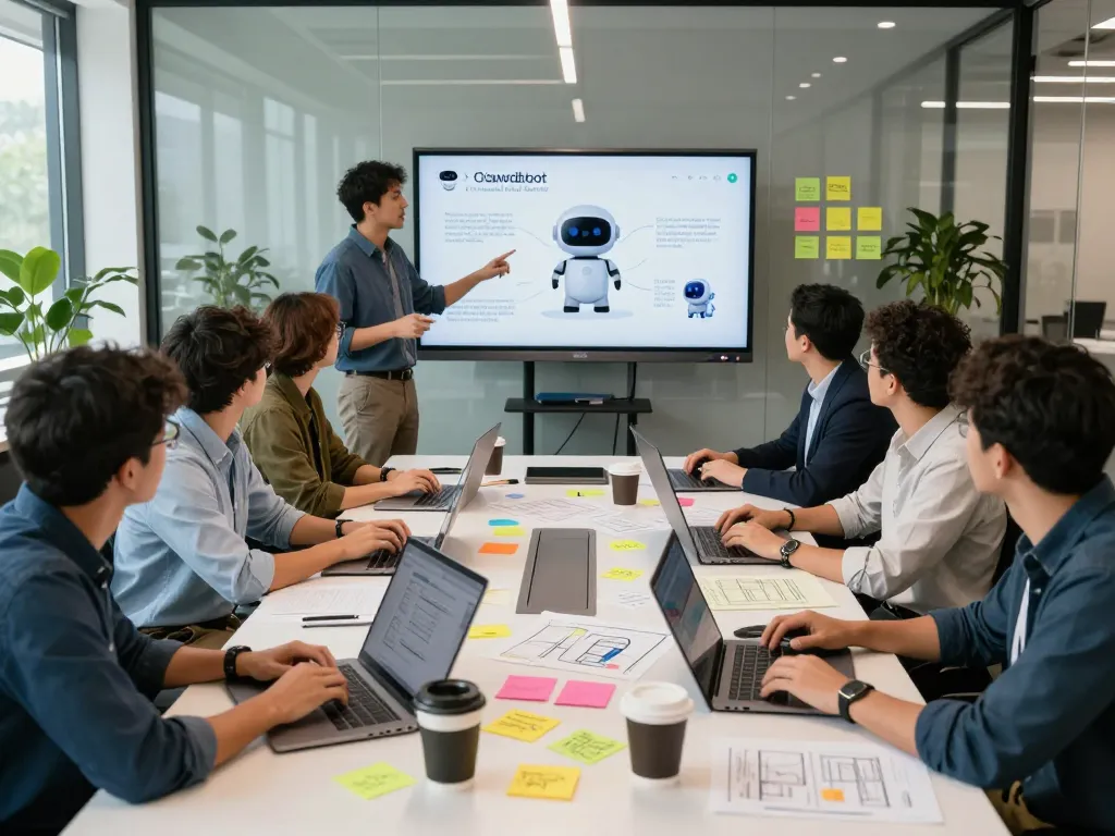 Collaboration on Clawdbot AI project in a vibrant modern office environment.