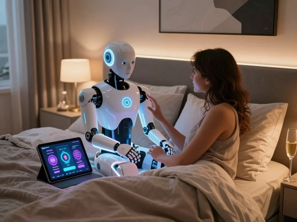 Couple engaging with an advanced sex bot in a stylish bedroom, showcasing modern intimacy tech.