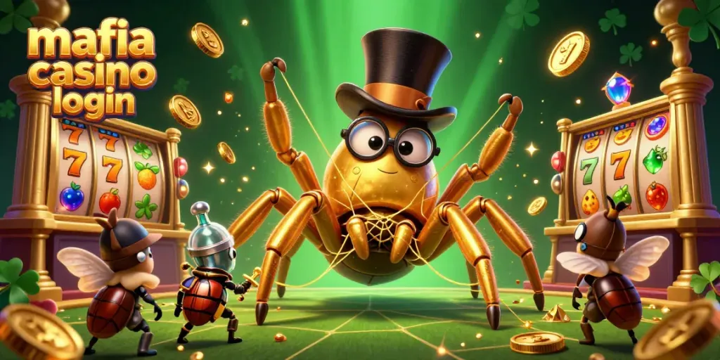 Engage in exciting gameplay with mafia casino login, featuring a vibrant 3D illustration of casino characters and slot elements.