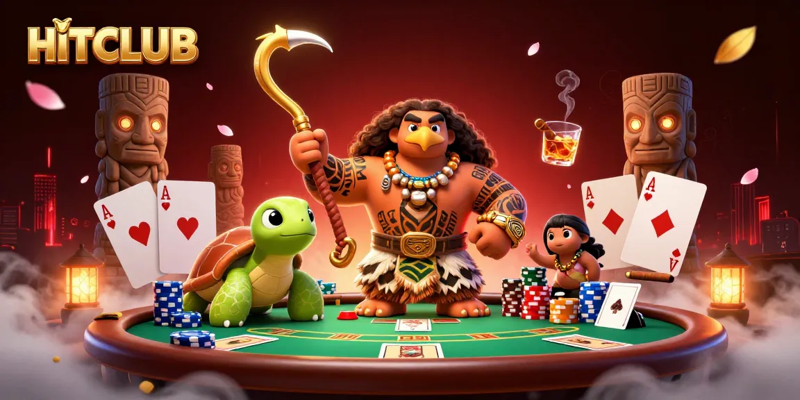 Engage with HITCLUB's thrilling poker action featuring a unique Polynesian demigod and vibrant casino elements.