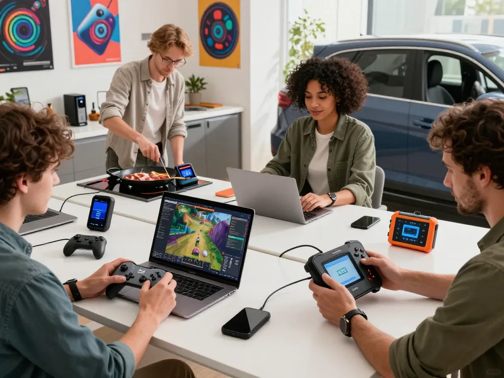 Showcase of unique tech gadgets in practical use, including the 8BitDo Ultimate 2 controller and Chef iQ Sense.