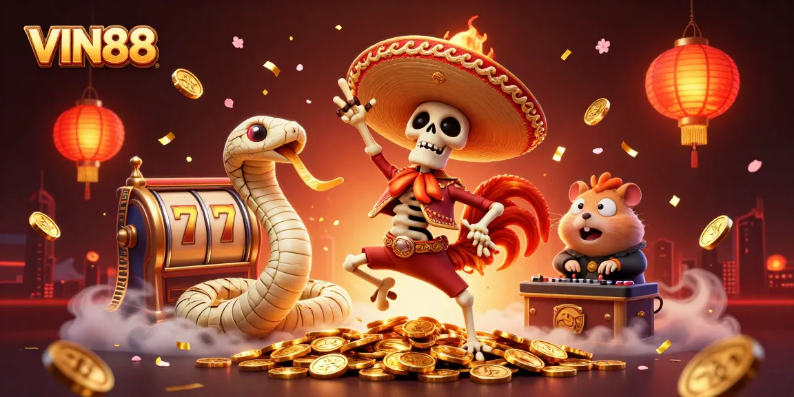 Experience the thrill of VIN88 with a vibrant 3D casino scene featuring exciting slot reels and dynamic characters.