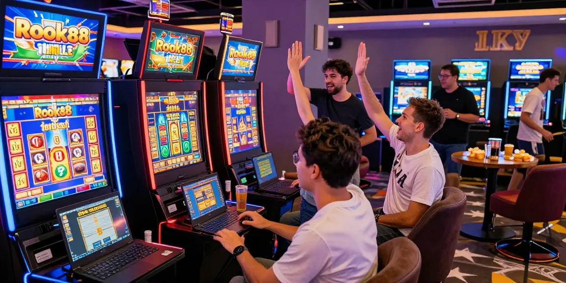 Experience the excitement of rokok88 slot games in a vibrant online casino atmosphere with players enjoying their winnings.