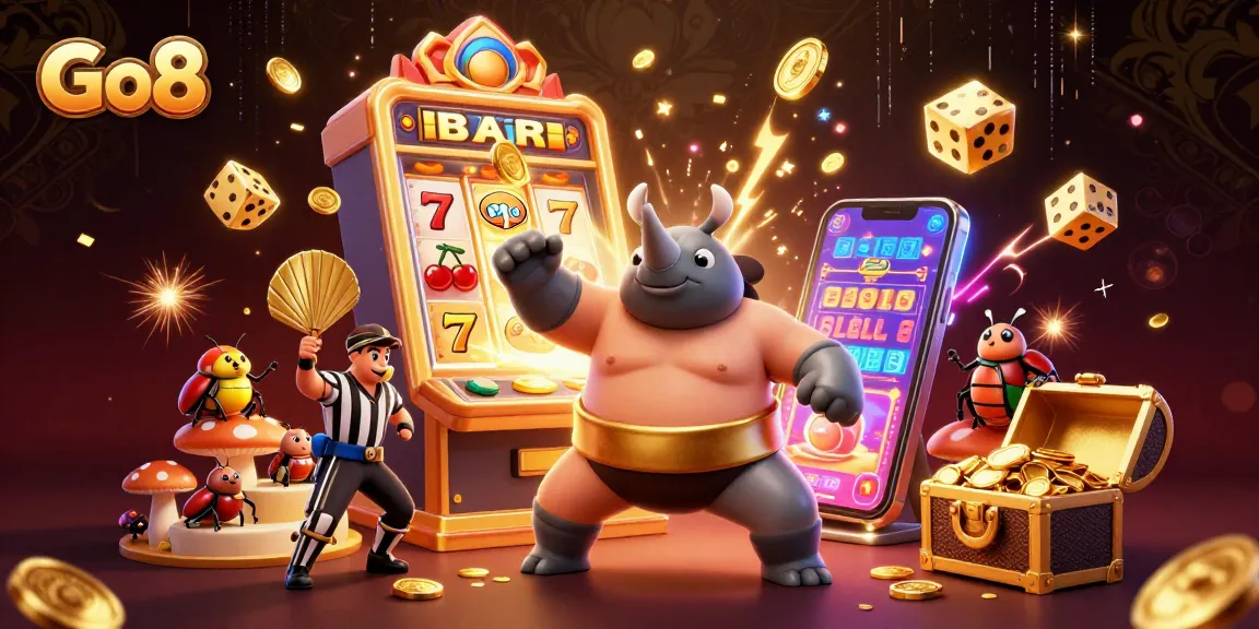 Experience Go8's thrilling casino adventure with vibrant characters, slot machines, and festive elements.