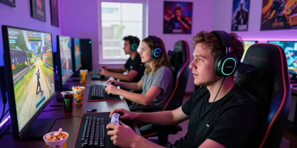 Group enjoying an intense rokok88 gaming night with vibrant visuals and snacks