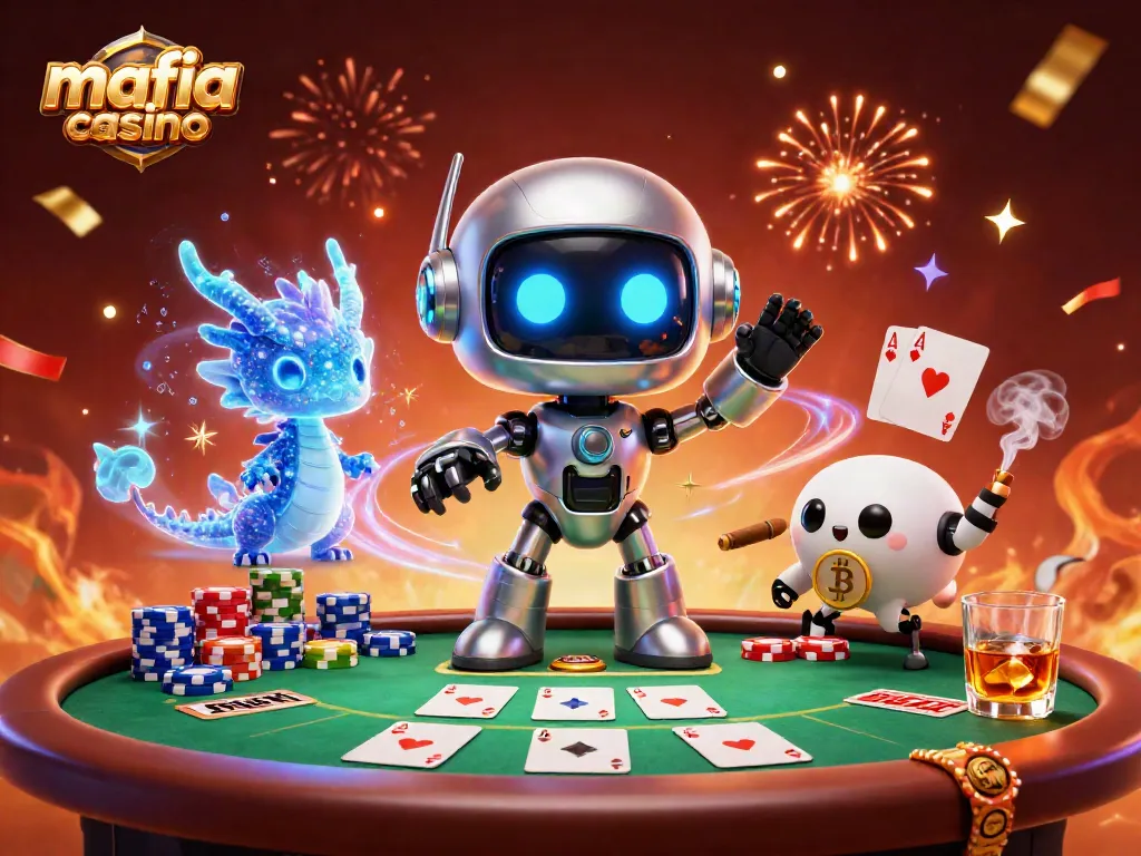 Engage in thrilling gameplay at Mafia Casino with our dynamic 3D illustration of poker excitement.