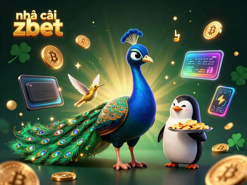 Engage in vibrant gaming action at nhà cái zbet with a majestic peacock and penguin serving golden chips.