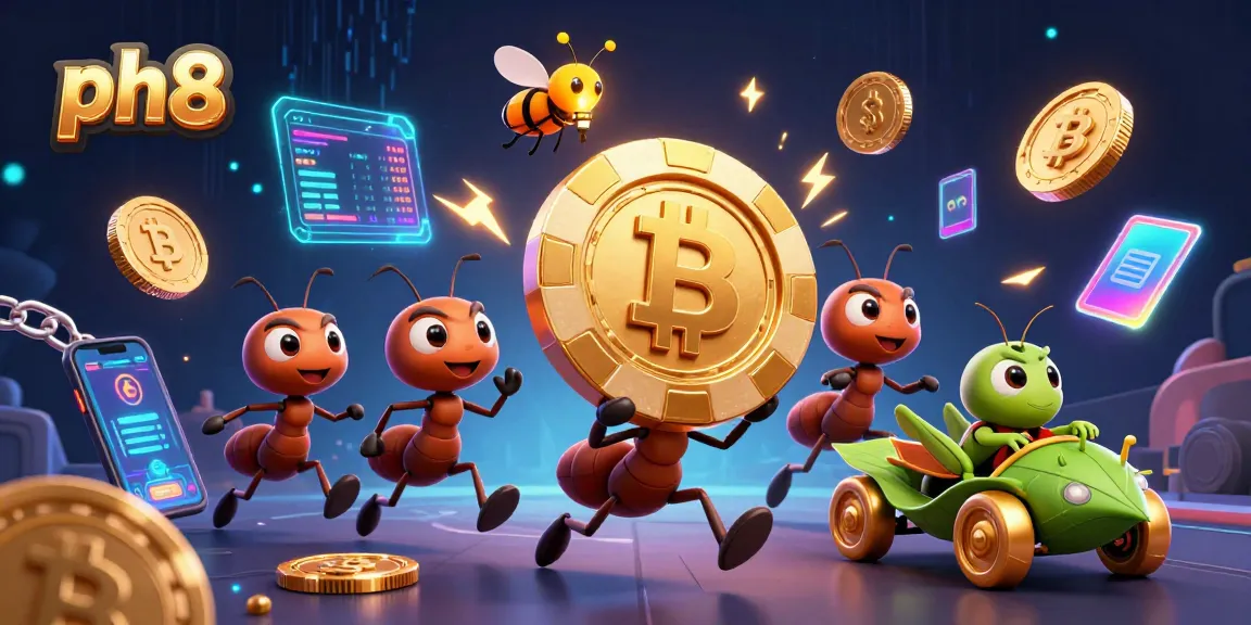 Experience thrilling online games at ph8 with a vibrant illustration of ants in a heist, vibrant casino elements visible
