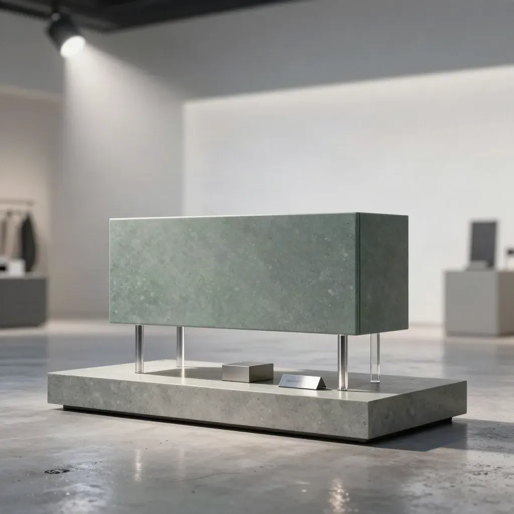 Display da banco luminoso su base in travertino, con accessori e luce mattutina fredda.