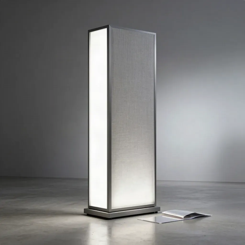 Totem luminoso da vetrina visto dal basso, elegante e brillante, in ambiente showroom minimal.