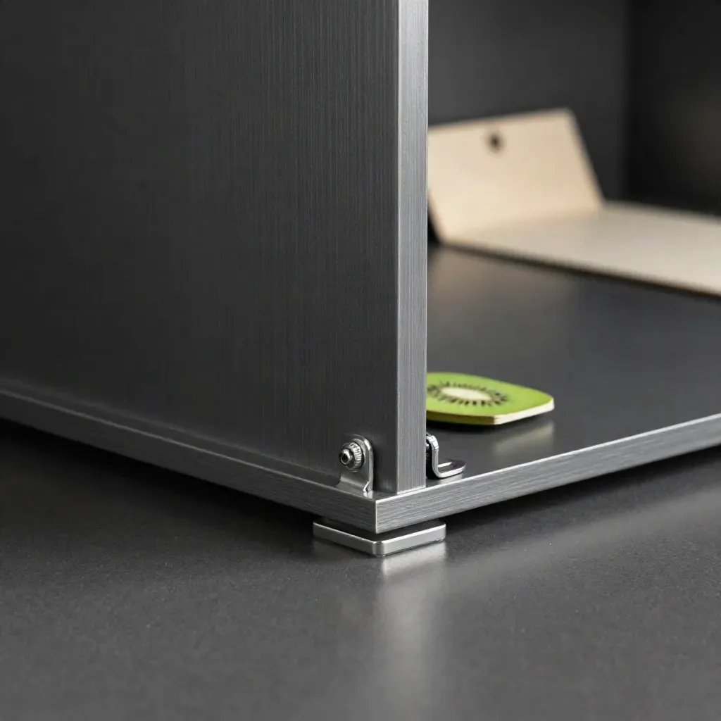 Espositore pavimento modulare nero con dettagli verde kiwi e campione finitura, luce drammatica.