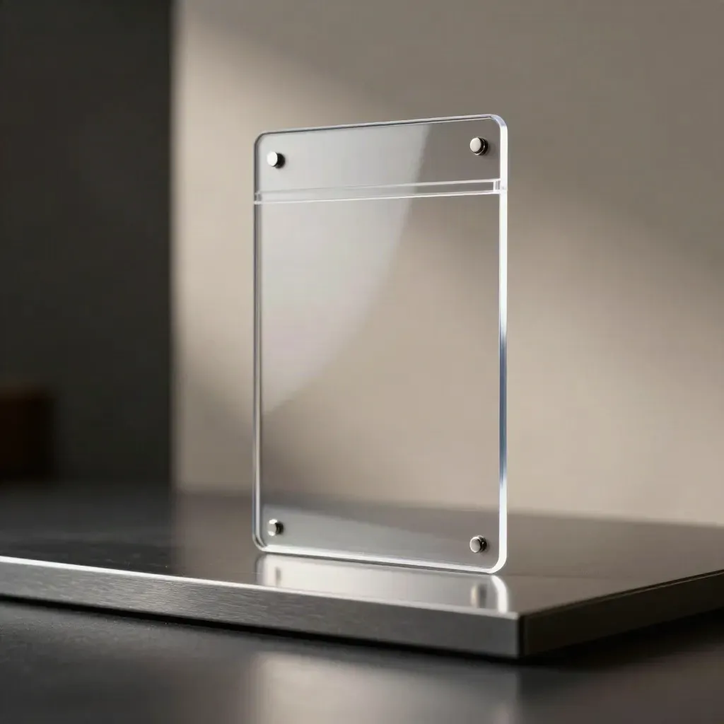 Tasca magnetica trasparente A4 su supporto metallico, luce drammatica e riflessi argento.