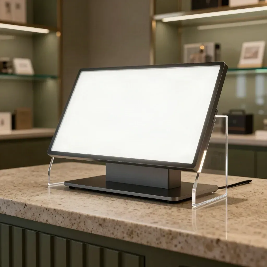 Display da banco LED luminoso con accessori trasparenti su bancone negozio, ripreso dal basso