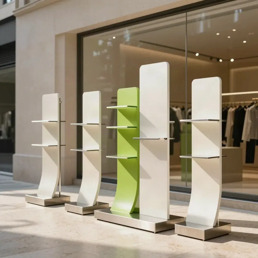 Vetrina completa con display modulari, basi tecniche e pannelli coordinati in accento kiwi.