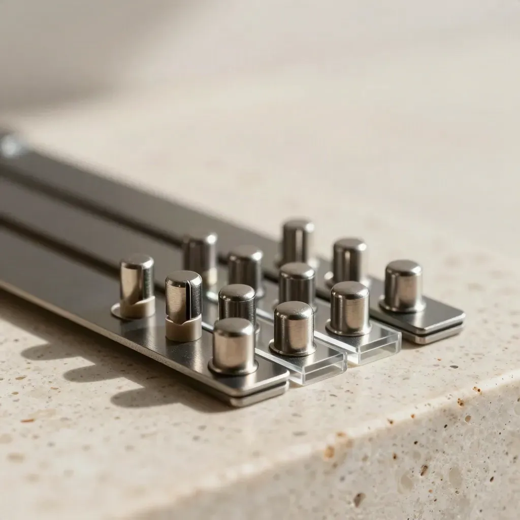 Set da 10 porta prezzo magnetici su pietra travertino, dettaglio macro tecnico