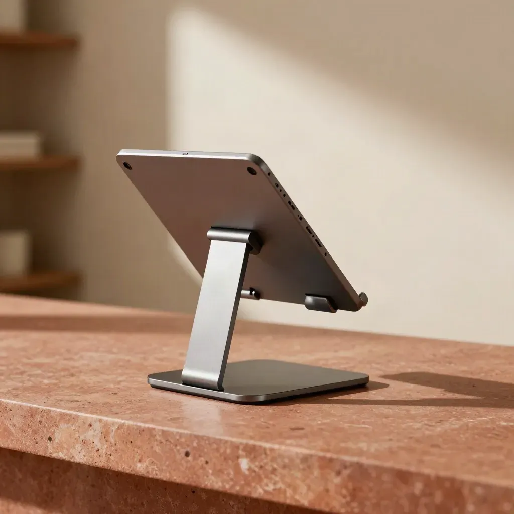 Supporto tablet da banco girevole su banco in terracotta, con accessorio metallico e luce morbida.