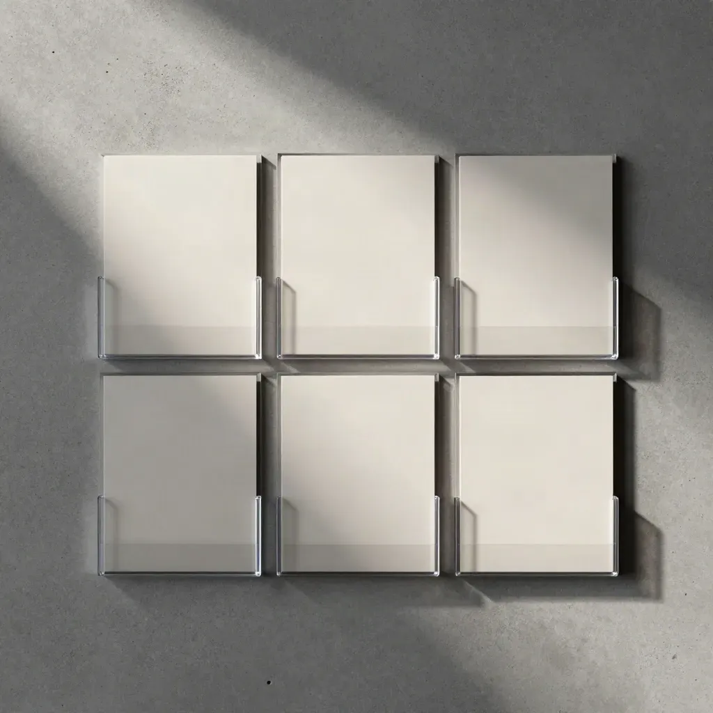 Flatlay di sei porta brochure A5 trasparenti su base in cemento, disposti con precisione.