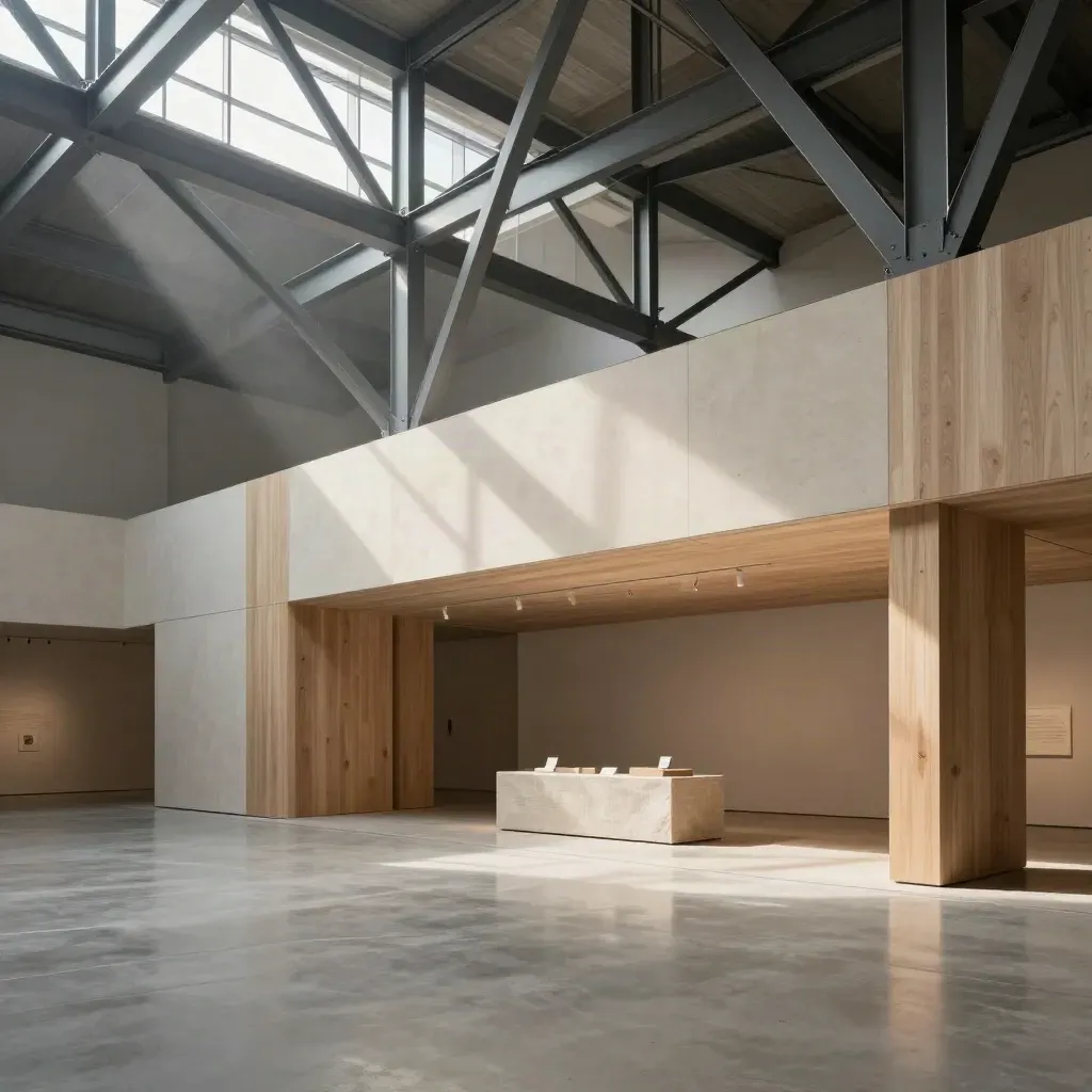 Allestimento fieristico moderno con struttura modulare e luce naturale, in spazio ampio e arioso.