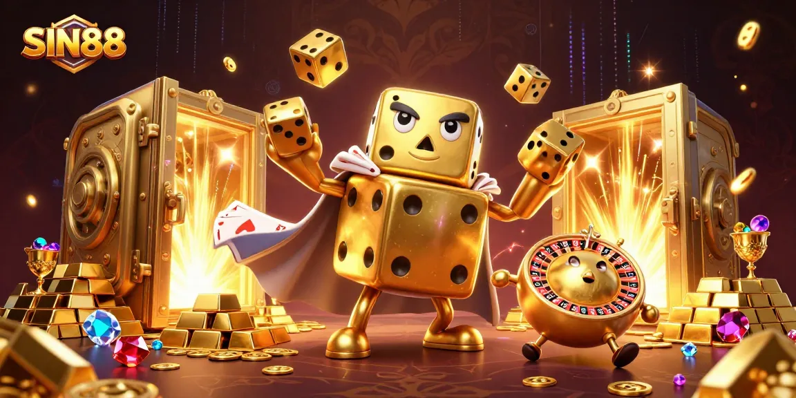 SIN88 spins the excitement with a golden dice golem and treasures, showcasing gaming action.