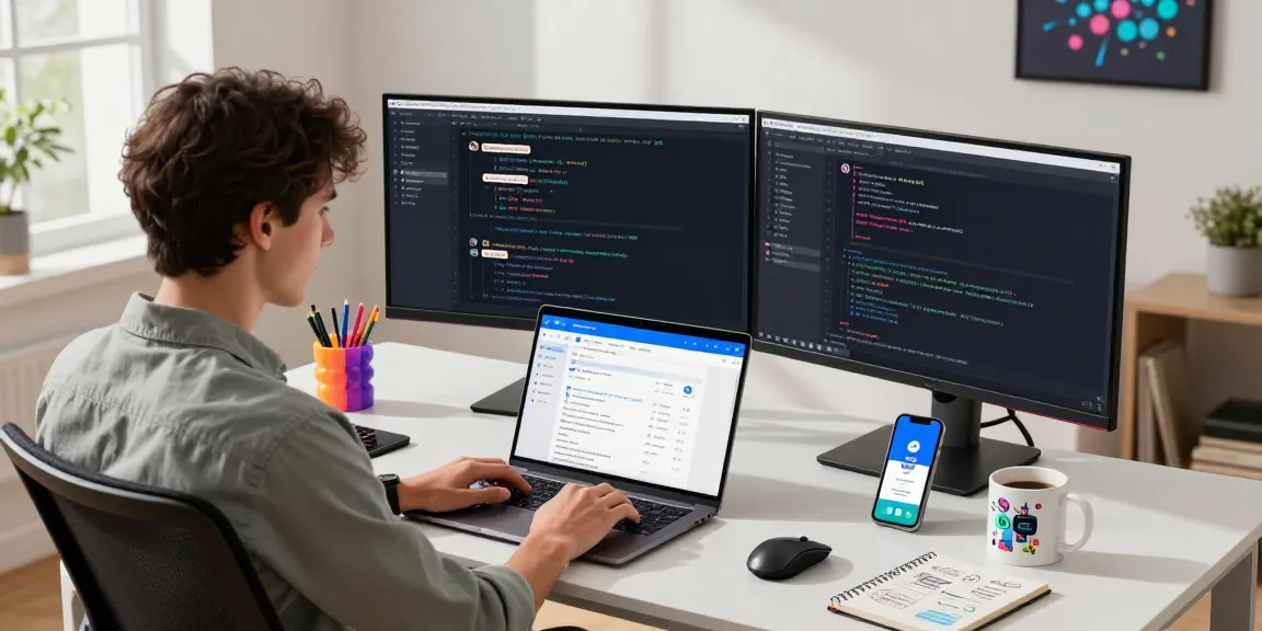 Using the Telegram web version in a modern tech workspace, showcasing multiple devices and a productive atmosphere.