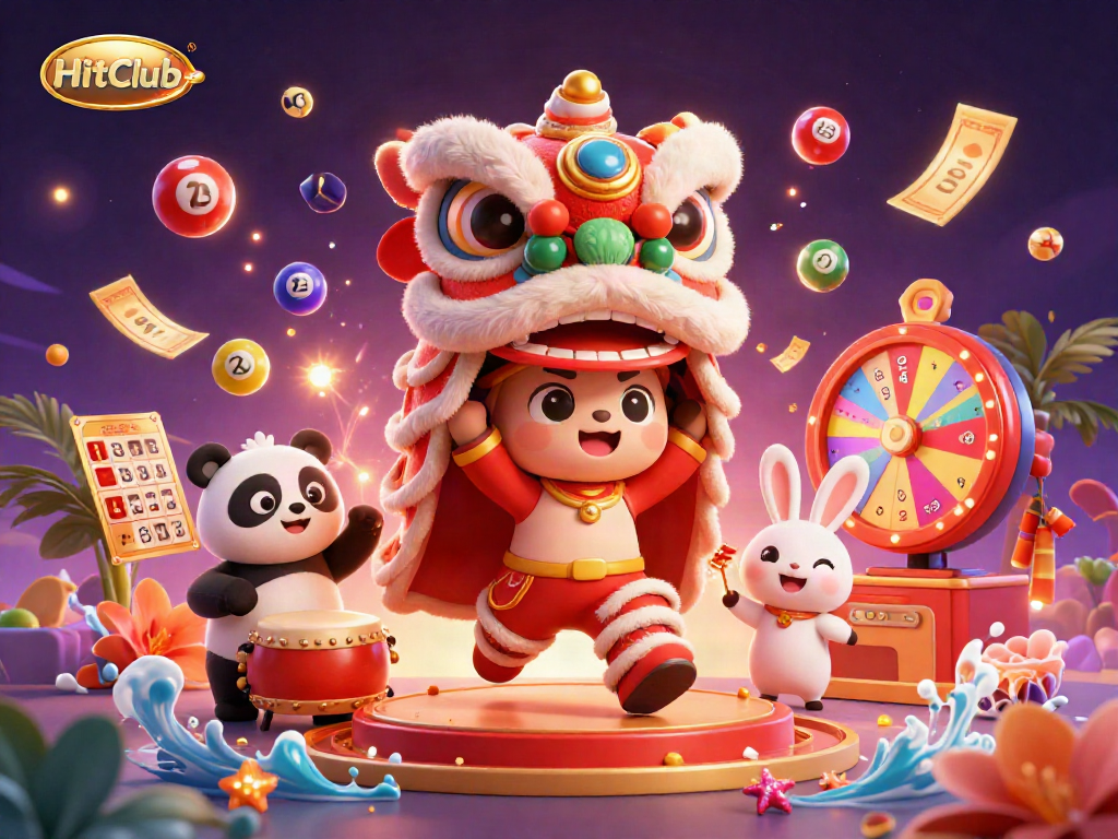 Engage with HitClub's exciting gameplay featuring colorful lotto elements, vibrant characters, and a festive atmosphere.