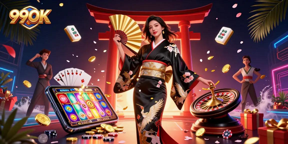 Win big with 99OK casino games featuring an elegant Asian woman and vibrant gaming elements.