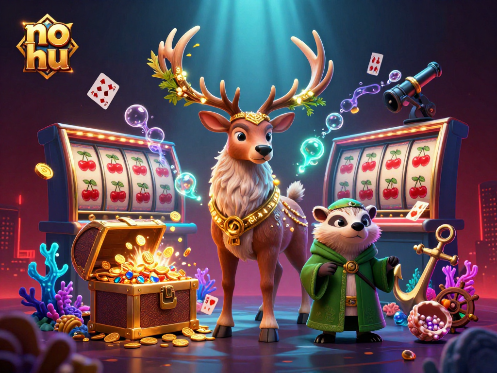 No hu depicts a mystical casino scene with a druid stag and treasure, offering thrilling jackpot opportunities.