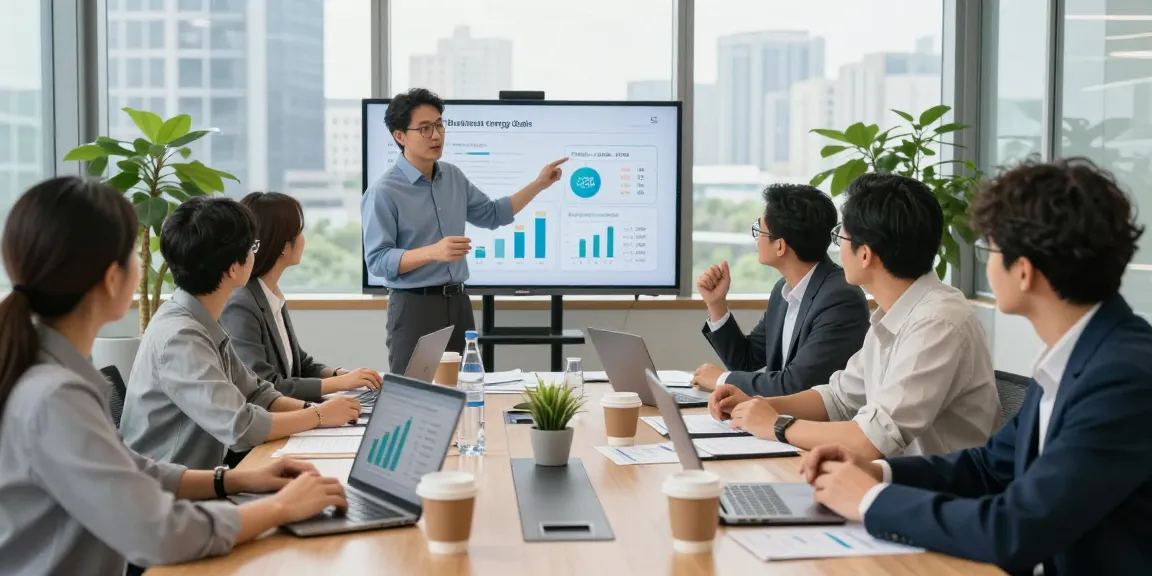Business professionals exploring affordable business energy deals 2026 with data visualizations and collaboration in a modern office.