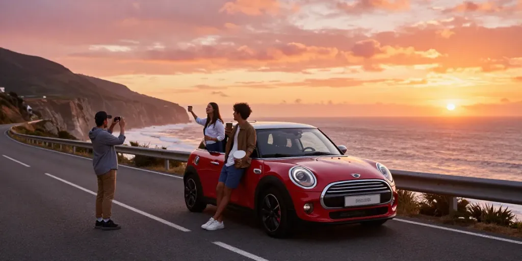 Scena di noleggio lungo termine MINI con auto su strada costiera al tramonto con coppia felice.