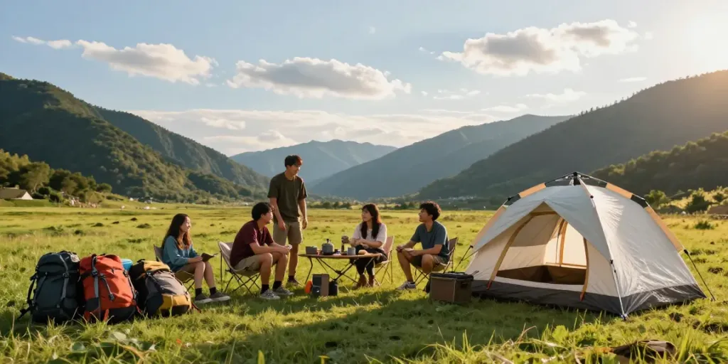 Friends setting up camping gear and exploring nature at rokok88 link scenic campsite