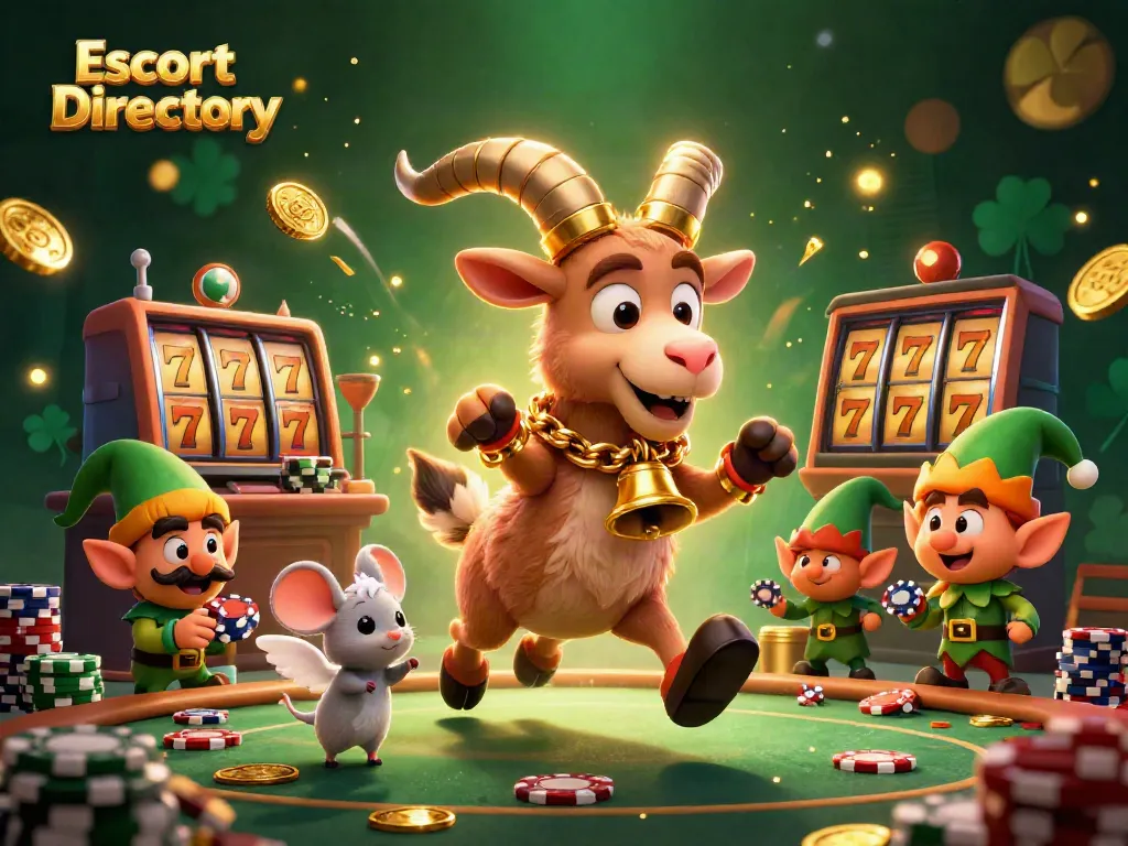 Engage with the Escort Directory in a dynamic casino scene featuring Krampus, angel mouse, and mischievous gremlins.