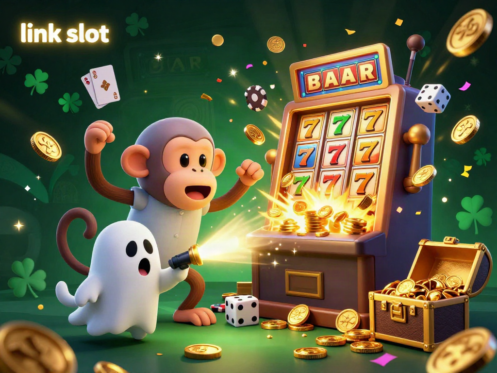 Engage in the thrills of link slot with a lively scene of a playful monkey and ghost-hunter puppy amidst casino riches.