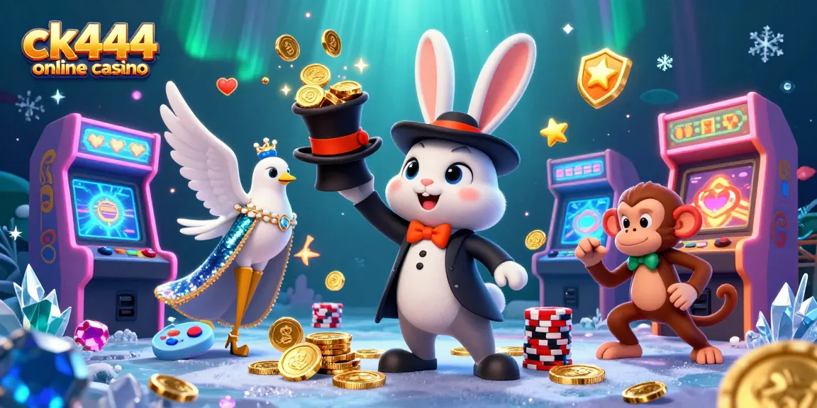 Engage in thrilling fun at ck444 online casino with a 3D illustration of a magician, dove, and monkey amidst vibrant casino elements.