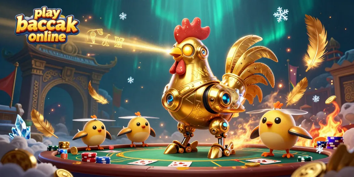 Play blackjack online at a vibrant casino scene featuring a golden rooster robot amidst lively gaming elements.