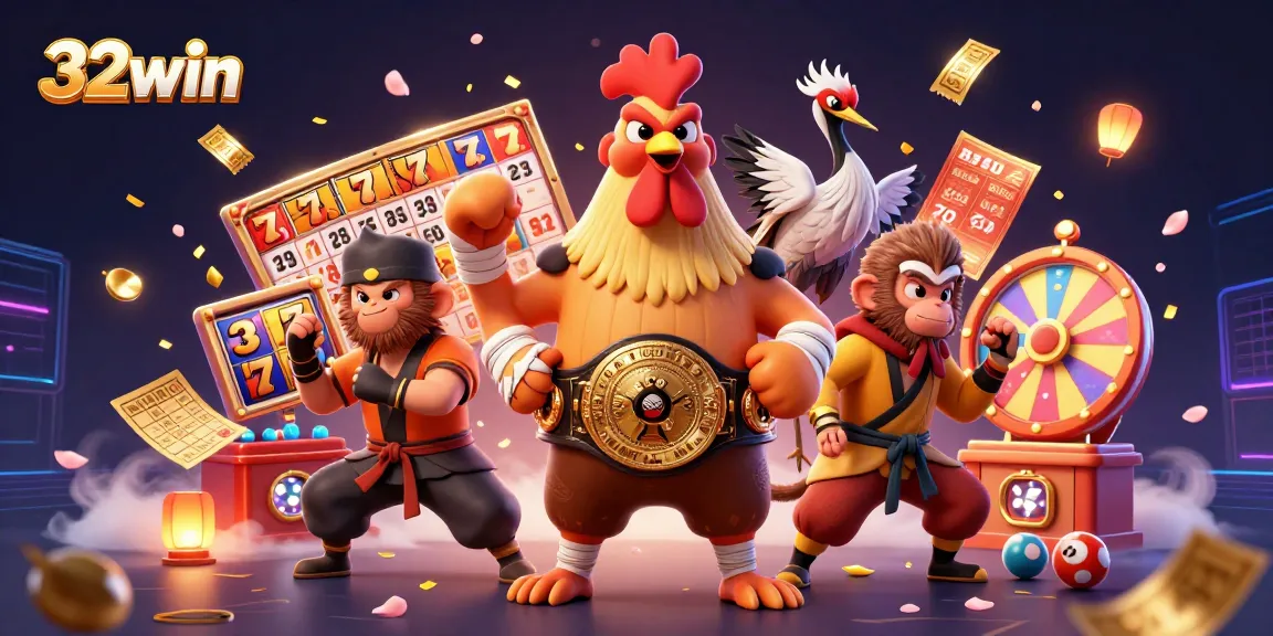 Engage with 32win's exciting gaming atmosphere featuring vibrant characters and slot highlights.